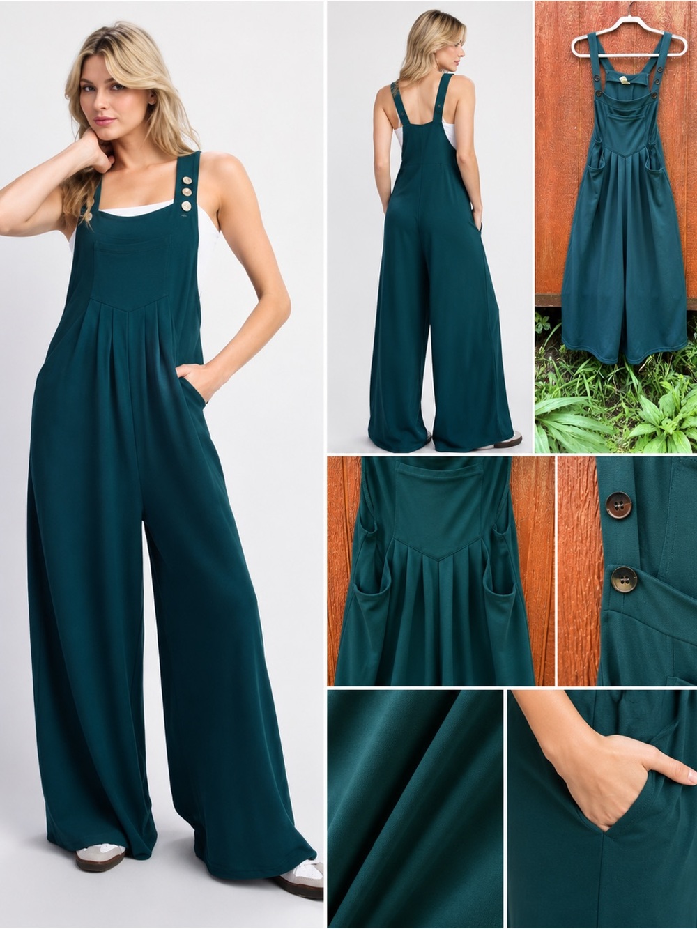 Wide-Leg Teal Jumpsuit Overalls with Button Straps